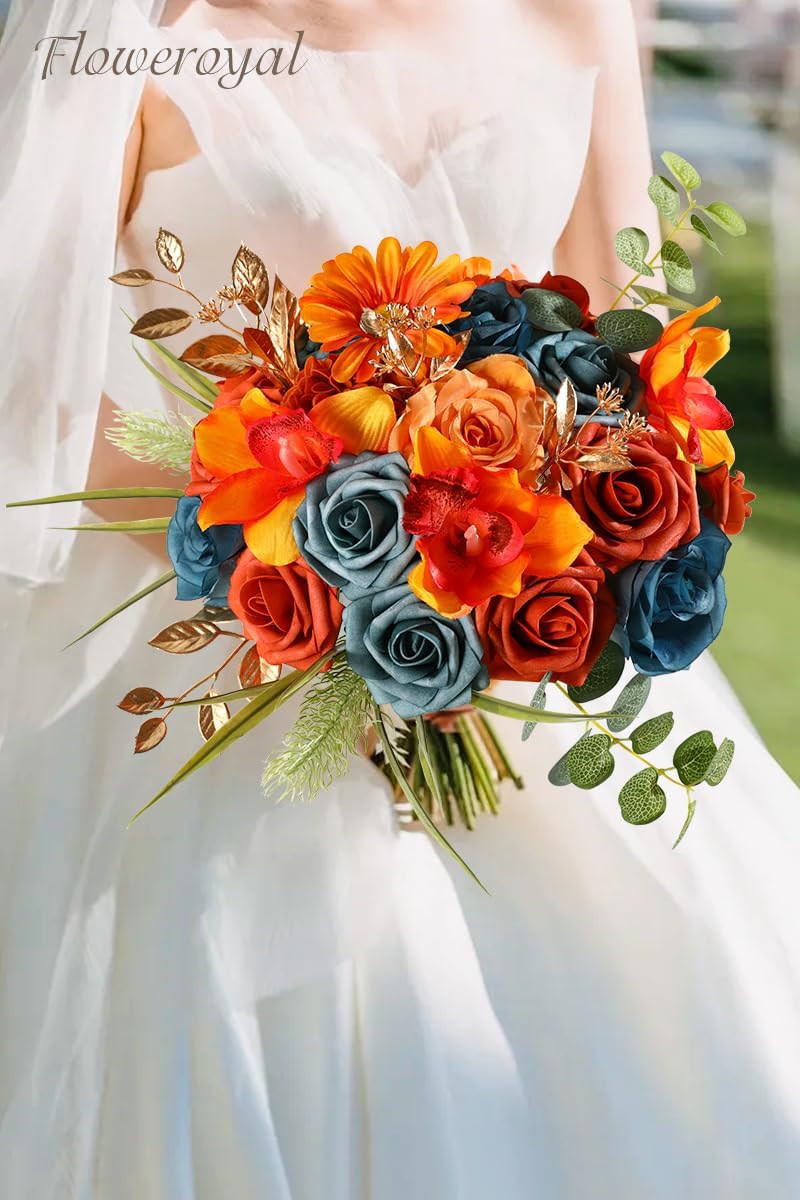Floweroyal Artificial Flowers Combo Orange Flowers Mix Silk Flowers Fake Roses with Stems for DIY Wedding Bridal Bouquets, Baby Shower, Floral Arrangement, Table Centerpieces, Home Decorations