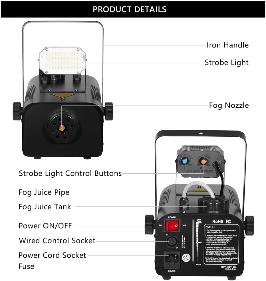 Fog Machine 1000W with Strobe Light, Wireless Remote, Perfect for Halloween, Parties, Concerts, and Events