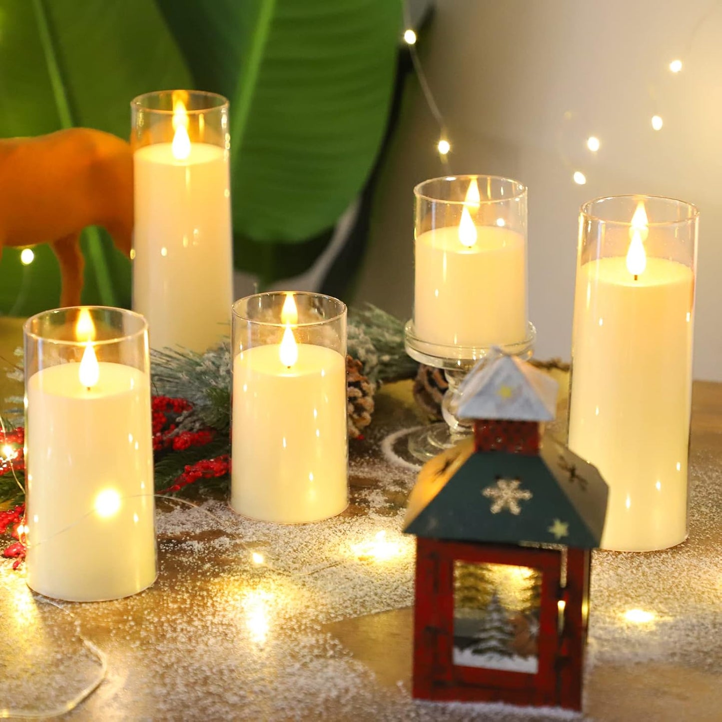 Fo32won Ivory White LED Flameless Pillar Candles Battery Operated with Remote and Timer, Pack of 5 (D 3"×H 4" 5" 6" 8" 8") Decorative Plexiglass Flickering Candles with 3D Flame