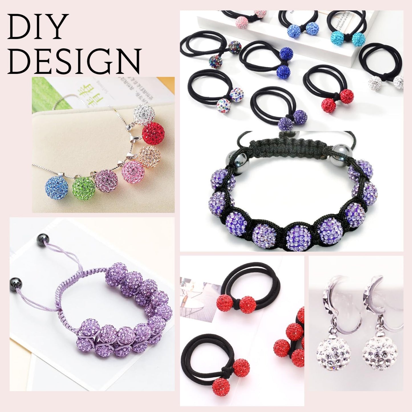 100 pcs 10mm Rhinestone Beads for Jewelry Making, 10 Mixed Colors Shiny Round Shamballa Disco Beads, Sparkle Crystal Clay Christmas for Bracelet Baseball Necklace Earring Crafting and DIY