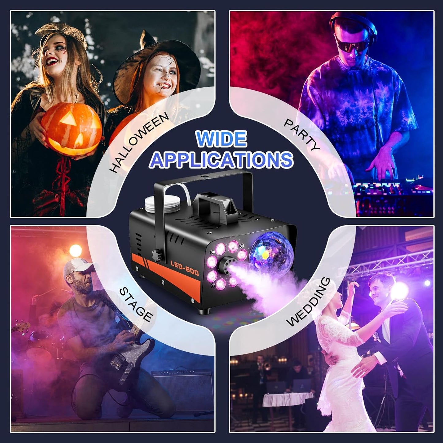 Fog Machine, Halloween Smoke Machine with Disco Ball Lights, 600W and 3000CFM with 13-Color LED Effects, Wired And Wireless Remote Controls, Ideal for Indoor, Outdoor, Wedding, Parties, and DJ Stage
