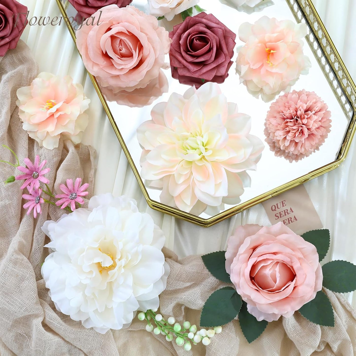 Floweroyal Artificial Flowers Combo Pink Flowers Mix Silk Flowers Dahlia Roses with Stems for DIY Wedding Bridal Bouquets, Baby Shower, Floral Arrangement, Table Centerpieces, Home Decorations