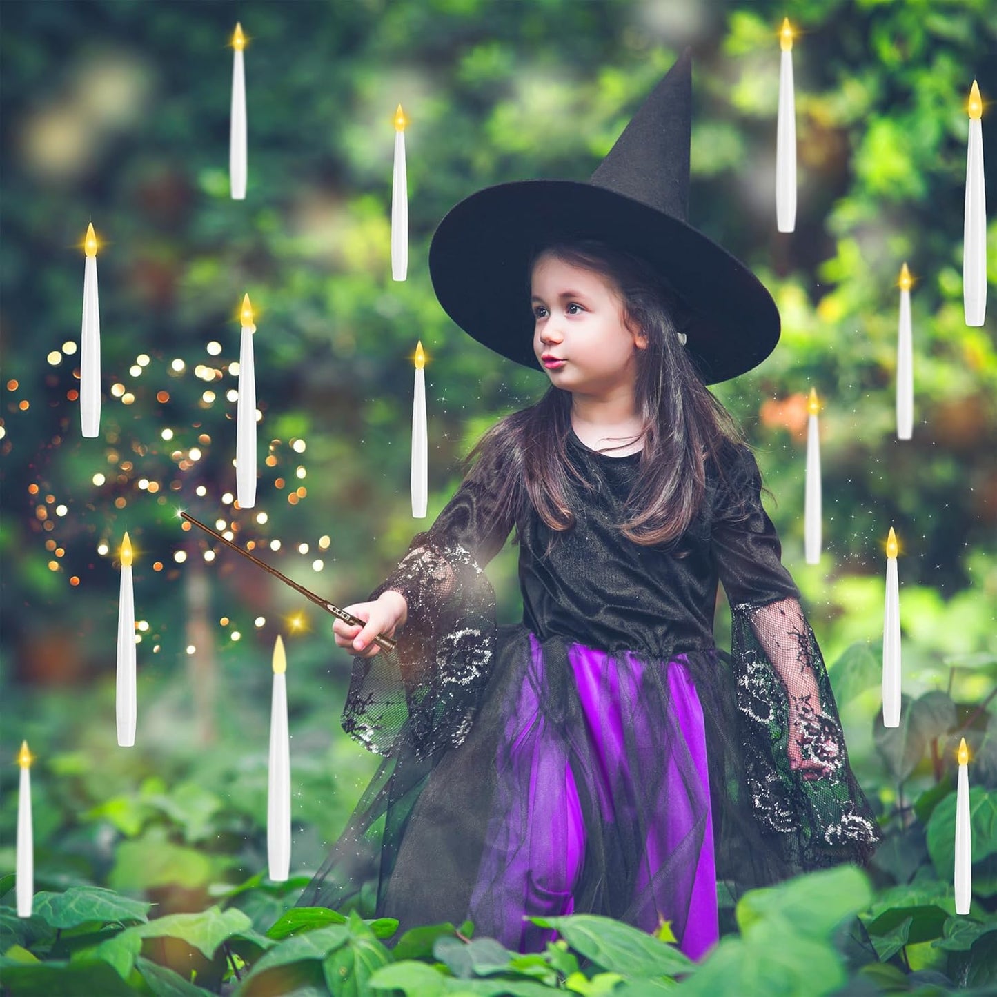 Floating Candles with Wand, 10 Pack Halloween Flameless Candles Battery Operated LED Taper Hanging Electric Candle for Christmas Halloween Birthday Party Decor 6.1in