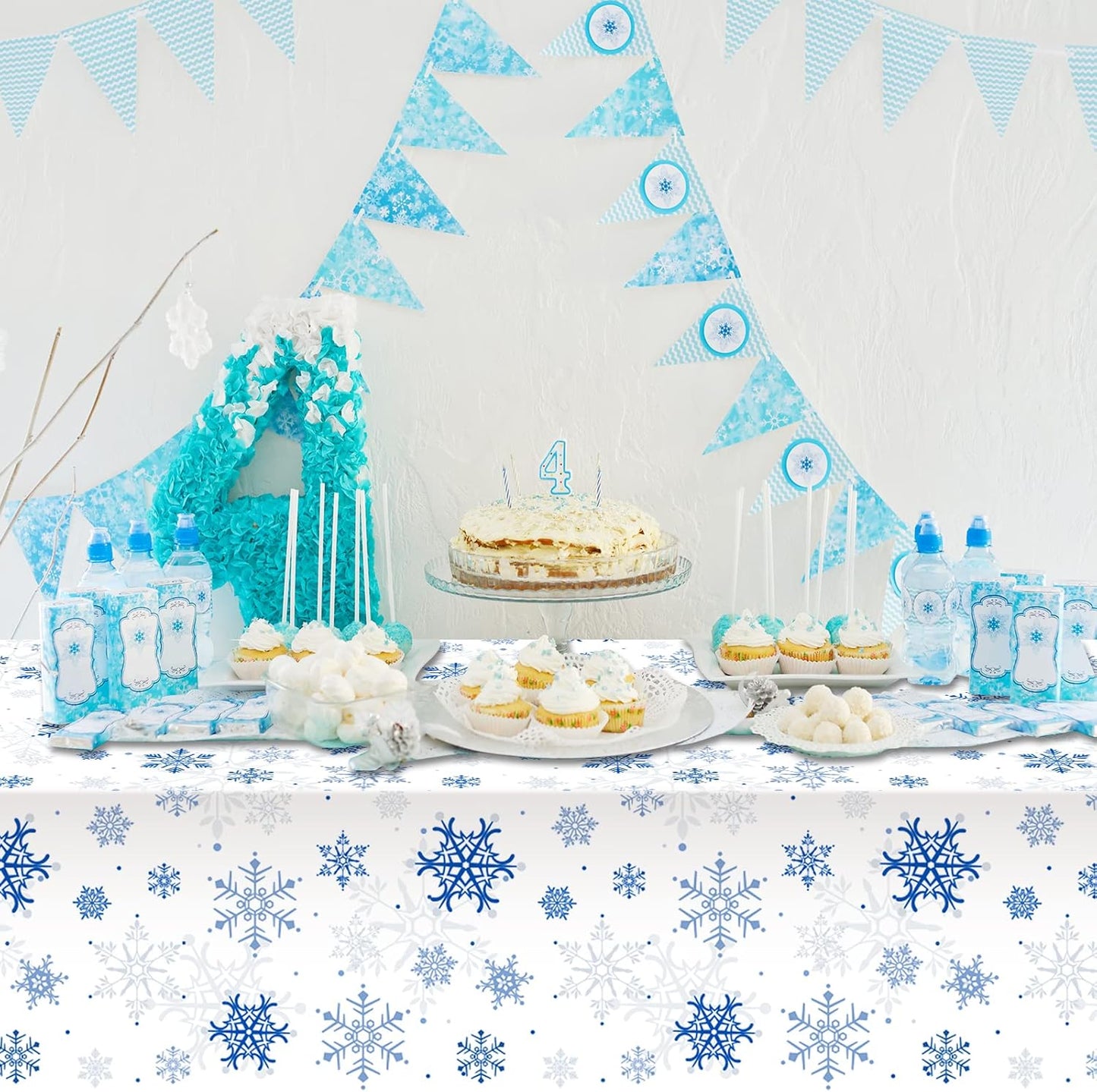 1 Pieces Snowflake Christmas Party Tablecloth Decorations,Plastic White Snowflake White Blue Xmas Backdrop Sign Table Cover Banner for Winter Christmas Holiday Party Supplies,54x108 inch(White/Blue)