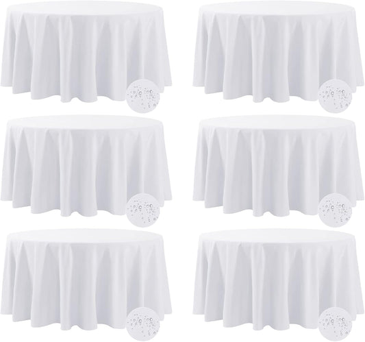 Fokitut 6 Pack Waterproof Round Tablecloth, 120 Inch, Stain Resistant and Wrinkle Polyester Table Cloth, Fabric Table Cover for Kitchen Dining, Wedding, Party, Holiday Dinner-White