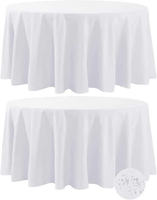 Fokitut 2 Pack Waterproof Round Tablecloth, 108 Inch, Stain Resistant and Wrinkle Polyester Table Cloth, Fabric Table Cover for Kitchen Dining, Wedding, Party, Holiday Dinner-White
