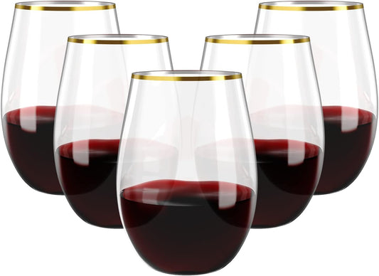 FOCUSLINE 20pcs 16 Oz Plastic Wine Glasses, Stemless Gold Rim, Heavy Duty Disposable Drinking Cups, Reusable Shatterproof for Party & Wedding