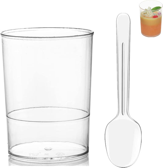 100 Pack Mini Dessert Cups, 3oz Clear Shooter Cups with Spoons, Plastic Mousse Cups for Party, Ice Cream, Puddings, Chocolate, Round Appetizer Parfait Tasting Cups