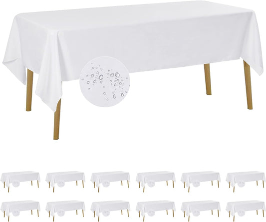 Fokitut 12 Pack Waterproof Rectangle Tablecloth, 60x102 Inch, Stain Resistant and Wrinkle Polyester Table Cloth, Fabric Table Cover for Kitchen Dining, Wedding, Party, Holiday Dinner-White