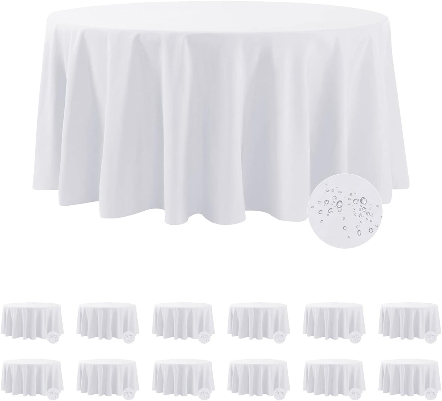 Fokitut 12 Pack Waterproof Round Tablecloth, 108 Inch, Stain Resistant and Wrinkle Polyester Table Cloth, Fabric Table Cover for Kitchen Dining, Wedding, Party, Holiday Dinner-White