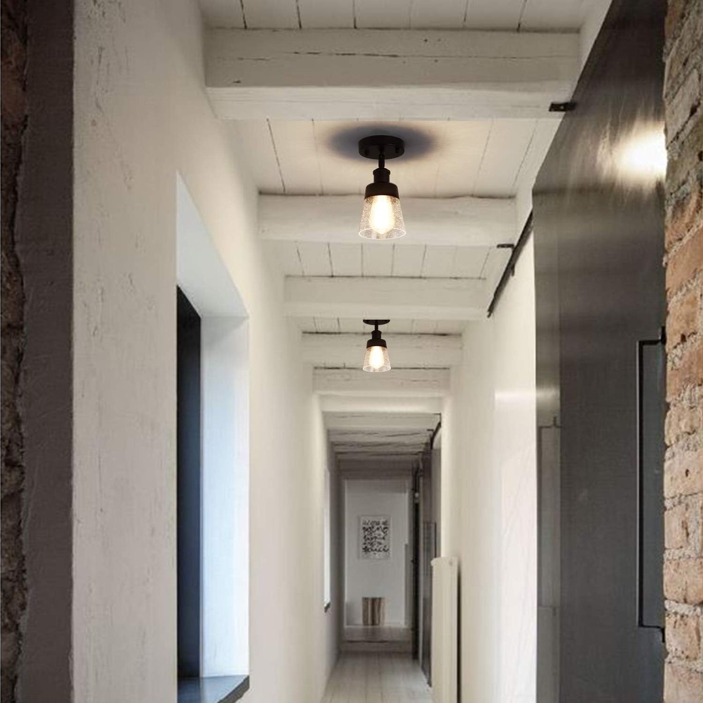 Fivess Lighting Industrial Glass Semi Flush Mount Ceiling Light, Black, 9.45x4.72x4.72 inches, Seeded Shade, for Kitchen, Hallway, Bedroom etc.