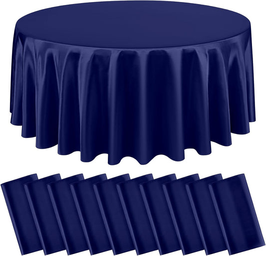 10 Packs Satin Tablecloth 120 Inch Navy Blue Round Table Cloth Silk Tablecloth Smooth Fabric Overlay Satin Table Cover Decoration for Wedding Party Banquet Events