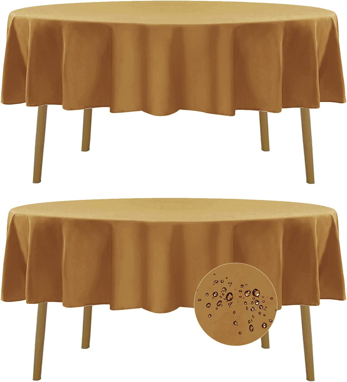 Fokitut 2 Pack Waterproof Round Tablecloth, 90 Inch, Stain Resistant and Wrinkle Polyester Table Cloth, Fabric Table Cover for Kitchen Dining, Wedding, Party, Holiday Dinner-Gold