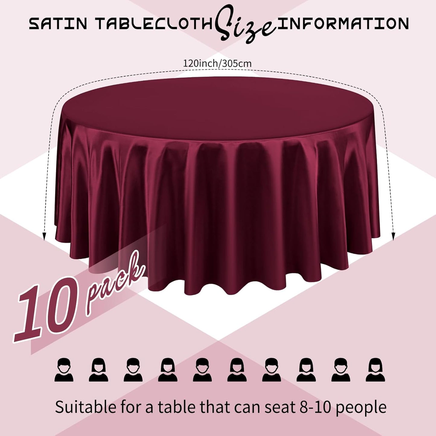 10 Packs Satin Tablecloth 120 Inch Burgundy Round Table Cloth Silk Tablecloth Smooth Fabric Overlay Satin Table Cover Decoration for Wedding Party Banquet Events
