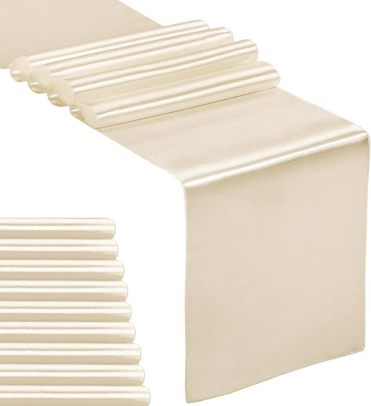 10-Pack Satin Table Runner Champagne 12 x 108 inches Long, Table Runners for Wedding, Birthday Parties, Banquets Decorations（10 Pack, 12x108 Inch, Champagne