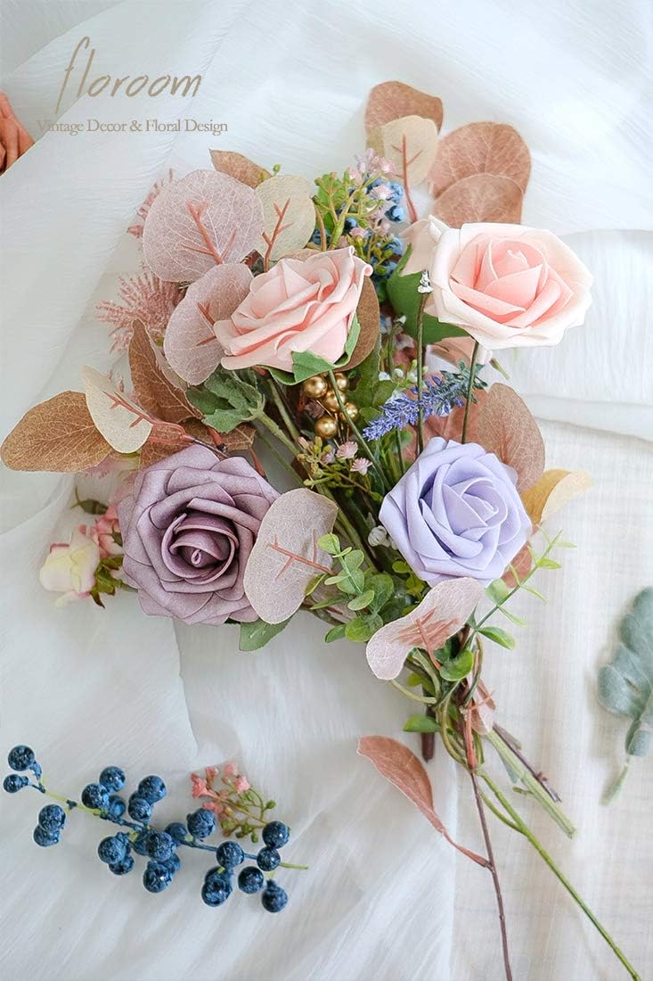 Floroom Artificial Flowers 50pcs Real Looking Blush Foam Fake Roses with Stems for DIY Wedding Bouquets Pink Bridal Shower Centerpieces Floral Arrangements Party Tables Home Decorations