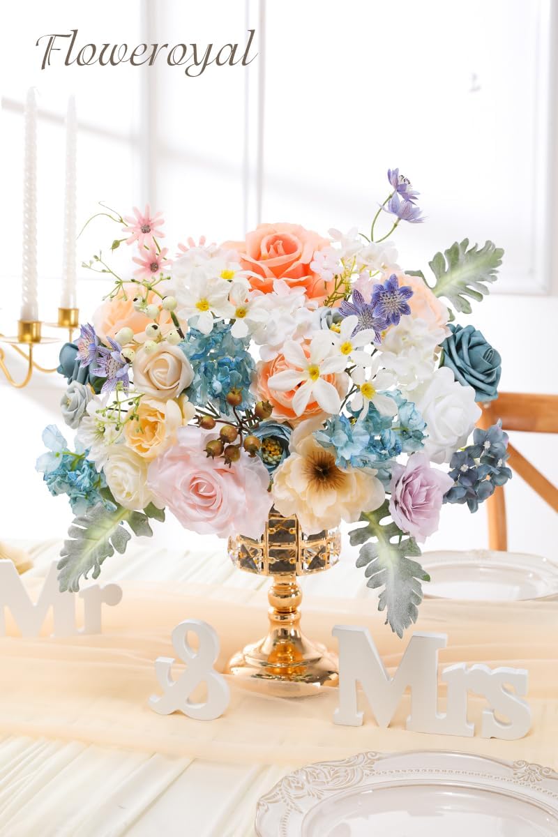 Floweroyal Artificial Flowers Combo Fairy Blue Flowers Mix Silk Flowers Fake Roses with Stems for DIY Wedding Bridal Bouquets, Baby Shower, Floral Arrangement, Table Centerpieces, Home Decorations.