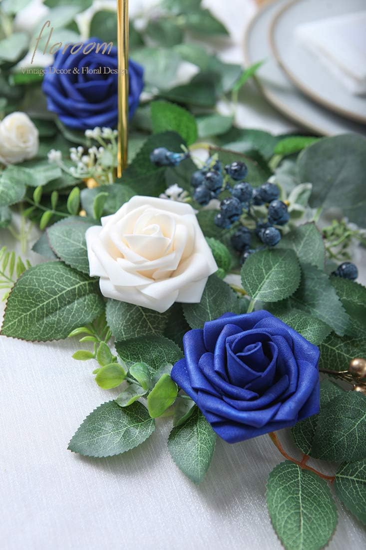 Floroom Artificial Flowers 25pcs Real Looking Royal Blue Foam Fake Roses with Stems for DIY Table Centerpieces Party Home Decorations