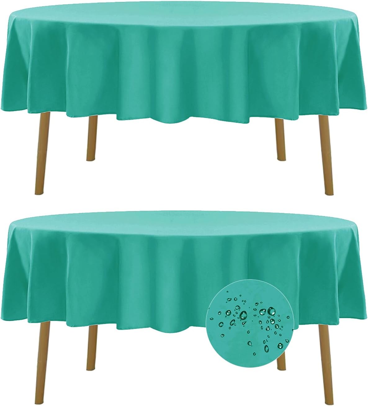 Fokitut 2 Pack Waterproof Round Tablecloth, 90 Inch, Stain Resistant and Wrinkle Polyester Table Cloth, Fabric Table Cover for Kitchen Dining, Wedding, Party, Holiday Dinner-Turquoise