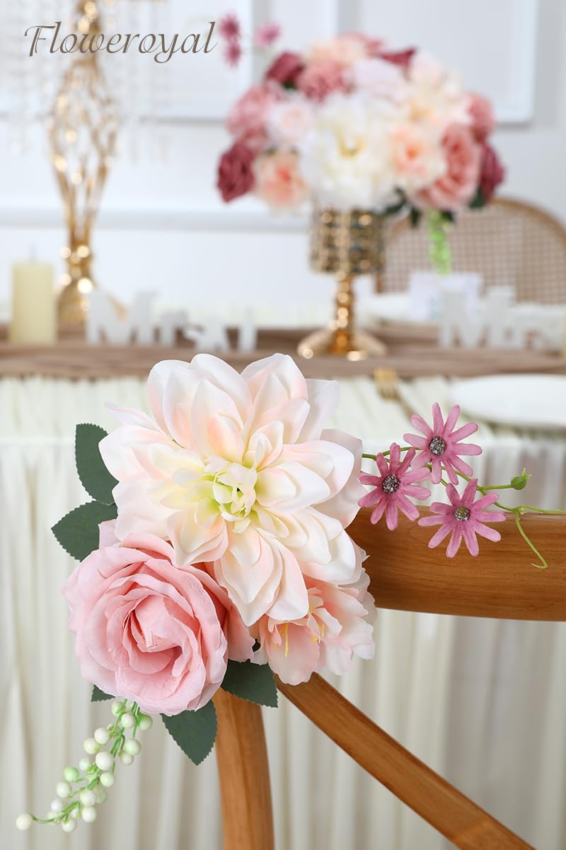 Floweroyal Artificial Flowers Combo Pink Flowers Mix Silk Flowers Dahlia Roses with Stems for DIY Wedding Bridal Bouquets, Baby Shower, Floral Arrangement, Table Centerpieces, Home Decorations