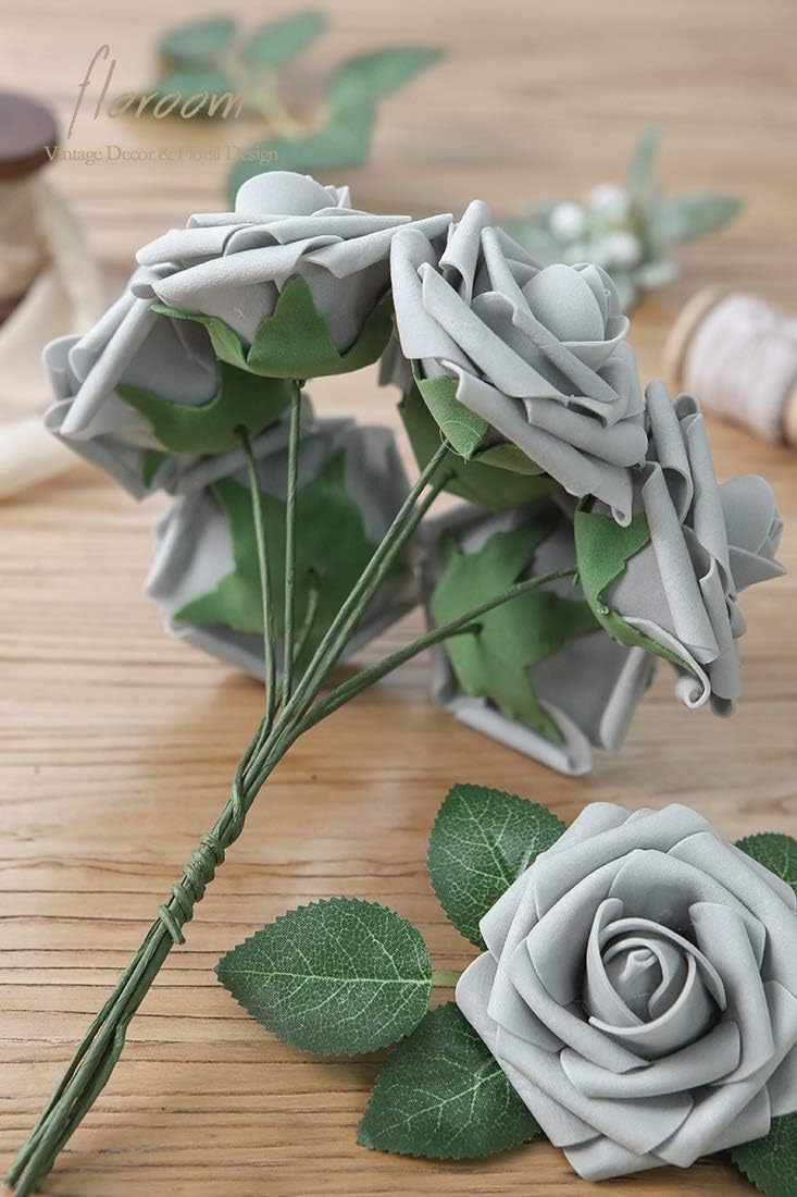 Floroom Artificial Flowers 50pcs Real Looking Silver Grey Foam Fake Roses with Stems for DIY Wedding Bouquets Bridal Shower Centerpieces Floral Arrangements Party Tables Home Decorations