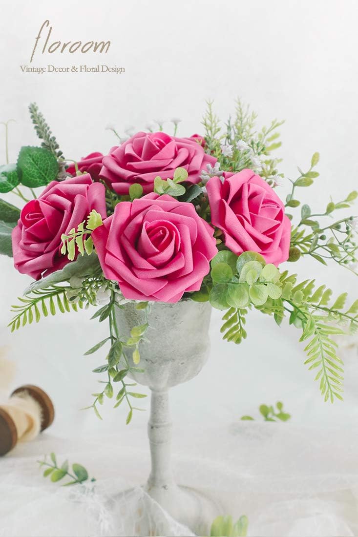 Floroom Artificial Flowers 50pcs Real Looking Hot Pink Foam Fake Roses with Stems for DIY Wedding Bouquets Baby Shower Centerpieces Floral Arrangements Party Tables Home Decorations