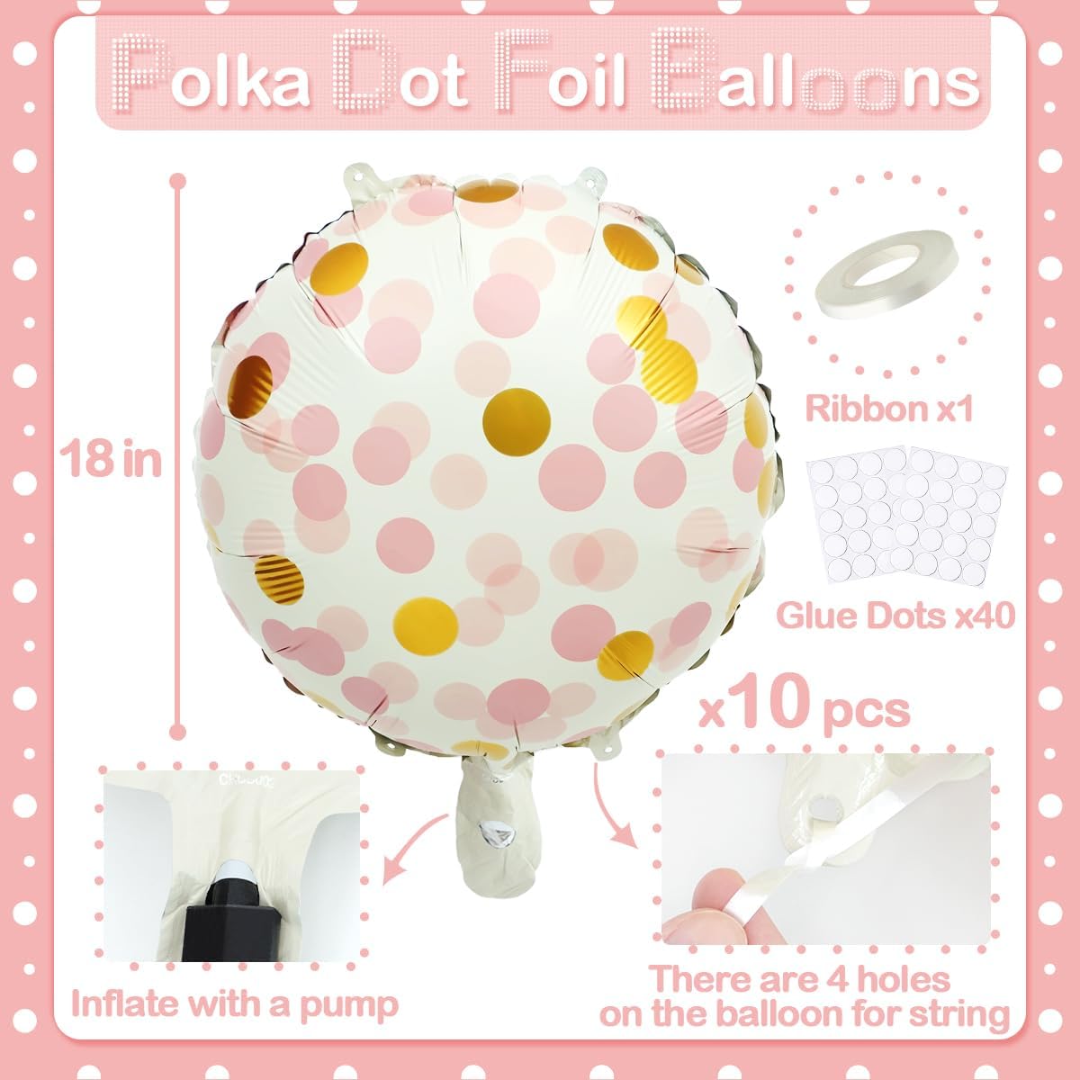 10 Pcs Pink Polka Dot Foil Balloons, 18" Foil Round Balloons with Pink Gold Dots, Helium-Friendly Foil Balloons for Women Girls Birthday Decor, Baby Showers, Bridal Shower, Bachelorette Party, Wedding