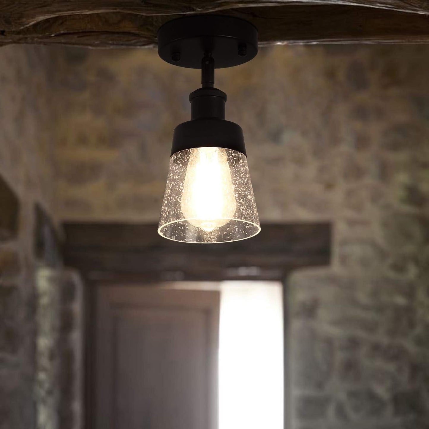 Fivess Lighting Industrial Glass Semi Flush Mount Ceiling Light, Black, 9.45x4.72x4.72 inches, Seeded Shade, for Kitchen, Hallway, Bedroom etc.