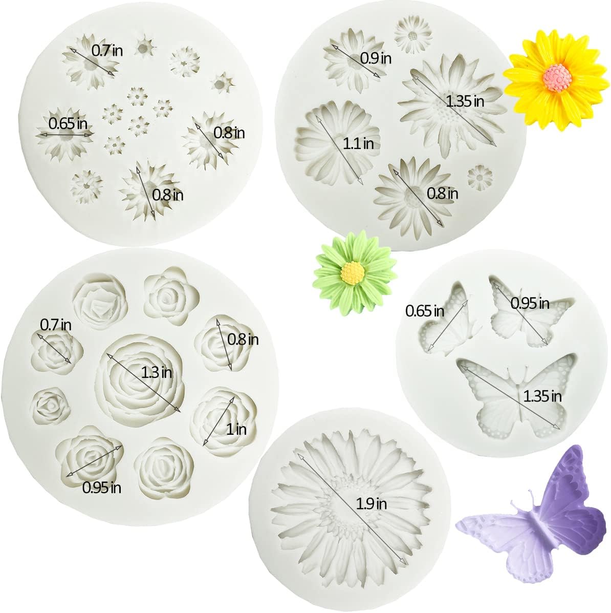Flower Silicone Fondant Molds, 5pcs Butterfly Daisy Rose Chrysanthemum Flower Silicone Mould Candy Chocolate Molds for DIY Cake Cookie Pudding Gum Paste Cupcake Cake Topper Decoration Desserts Sugar