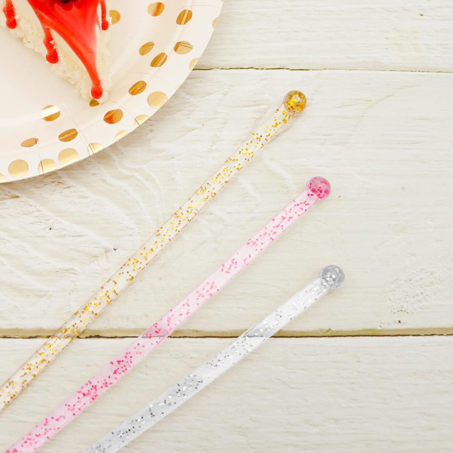 100-PCS Gold Pink Silver Glitter Plastic Swizzle Sticks, Crystal Cake Pops, Cocktail Coffee Drink Stirrers, Stir Sticks for Christmas Party Wedding, 7.24 Inch