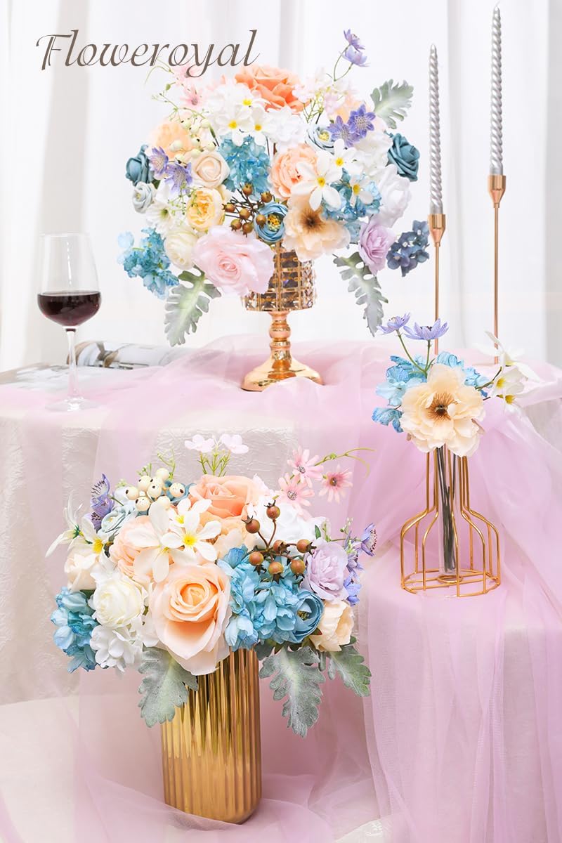 Floweroyal Artificial Flowers Combo Fairy Blue Flowers Mix Silk Flowers Fake Roses with Stems for DIY Wedding Bridal Bouquets, Baby Shower, Floral Arrangement, Table Centerpieces, Home Decorations.