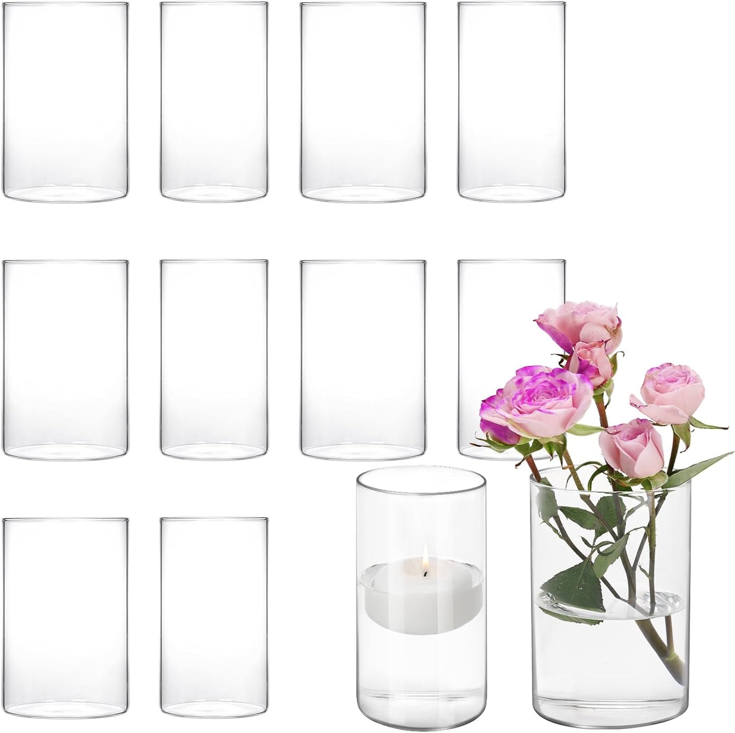 Fixwal 12pcs Vase for Flower 6 Inch Clear Glass Cylinder Vases for Centerpieces, Glass Flower Vase Floating Candle Holder Vase for Table Shelf, Party, Wedding, Home Decor