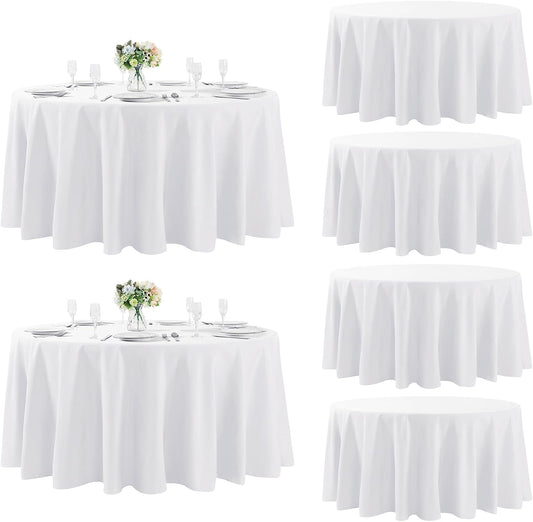 Fokitut 6 Pack Round Tablecloth, 108 Inch, Stain Resistant and Wrinkle Polyester Table Cloth, Fabric Table Cover for Kitchen Dining, Wedding, Party, Holiday Dinner-White
