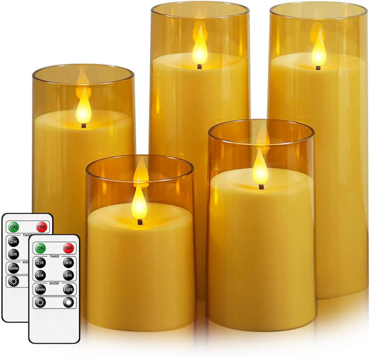 Fo32won Amber LED Flameless Pillar Candles Battery Operated with Remote and Timer, Set of 5 (D 3"×H 4" 5" 6" 8" 8") Decorative Plexiglass Flickering Candles with 3D Flame