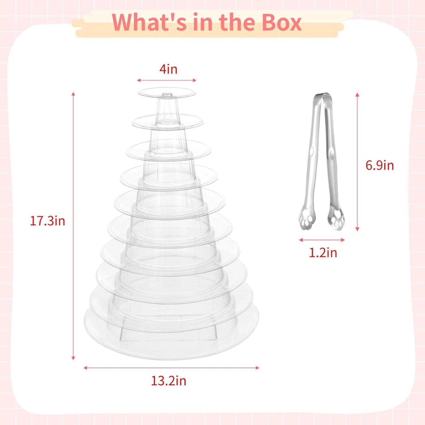 10-Tier Clear Macaron Display Stand, Plastic Macaron Tray Tower with Stainless Steel Serving Tongs, Clear Round Macaron Display Rack, Cupcake Dessert Stand for Weddings, Birthday Parties, Bakeries