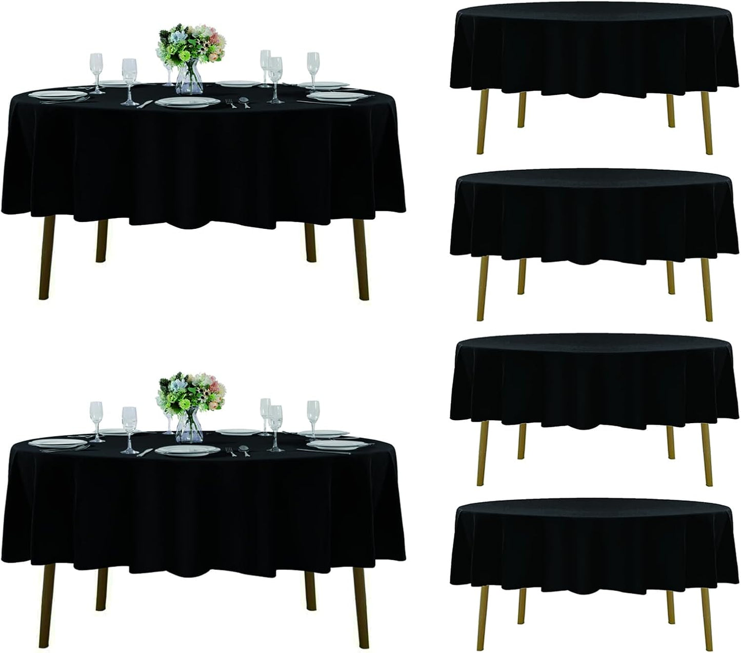 Fokitut 6 Pack Round Tablecloth, 90 Inch, Stain Resistant and Wrinkle Polyester Table Cloth, Fabric Table Cover for Kitchen Dining, Wedding, Party, Holiday Dinner-Black