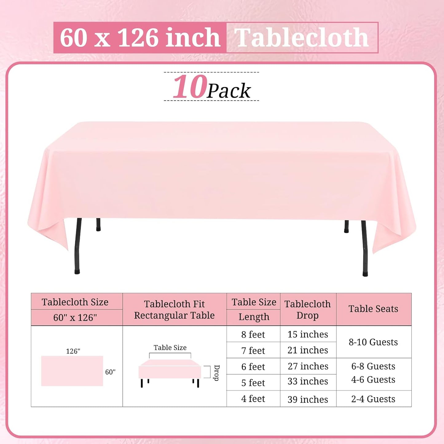 10 Pack Pink Tablecloths for 8ft Rectangle Tables 60 x 126 Inch - Polyester Table Cover Stain and Wrinkle Resistant Washable Fabric Table Clothes for Wedding Party Banquet Reception Restaurant