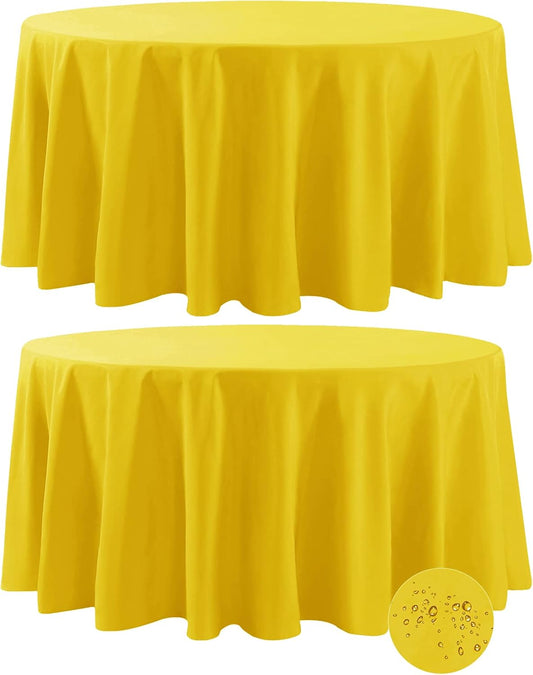 Fokitut 2 Pack Waterproof Round Tablecloth, 108 Inch, Stain Resistant and Wrinkle Polyester Table Cloth, Fabric Table Cover for Kitchen Dining, Wedding, Party, Holiday Dinner-Yellow