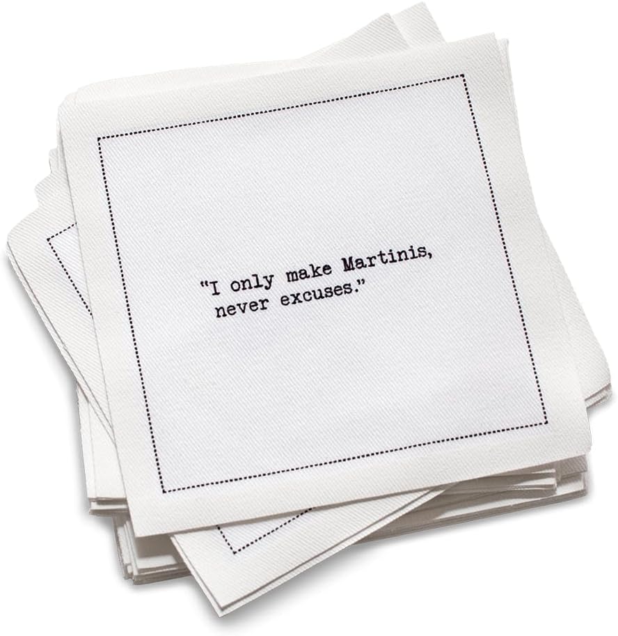 Five Star Napkins Quotes, White Cotton Cocktail Napkins, Beverage Napkins, Bar Napkins, Cloth Napkins, Party Napkins, Events, Holidays, Weddings, Birthdays, 4.5" x 4.5"- (50x) (Martini Quotes)