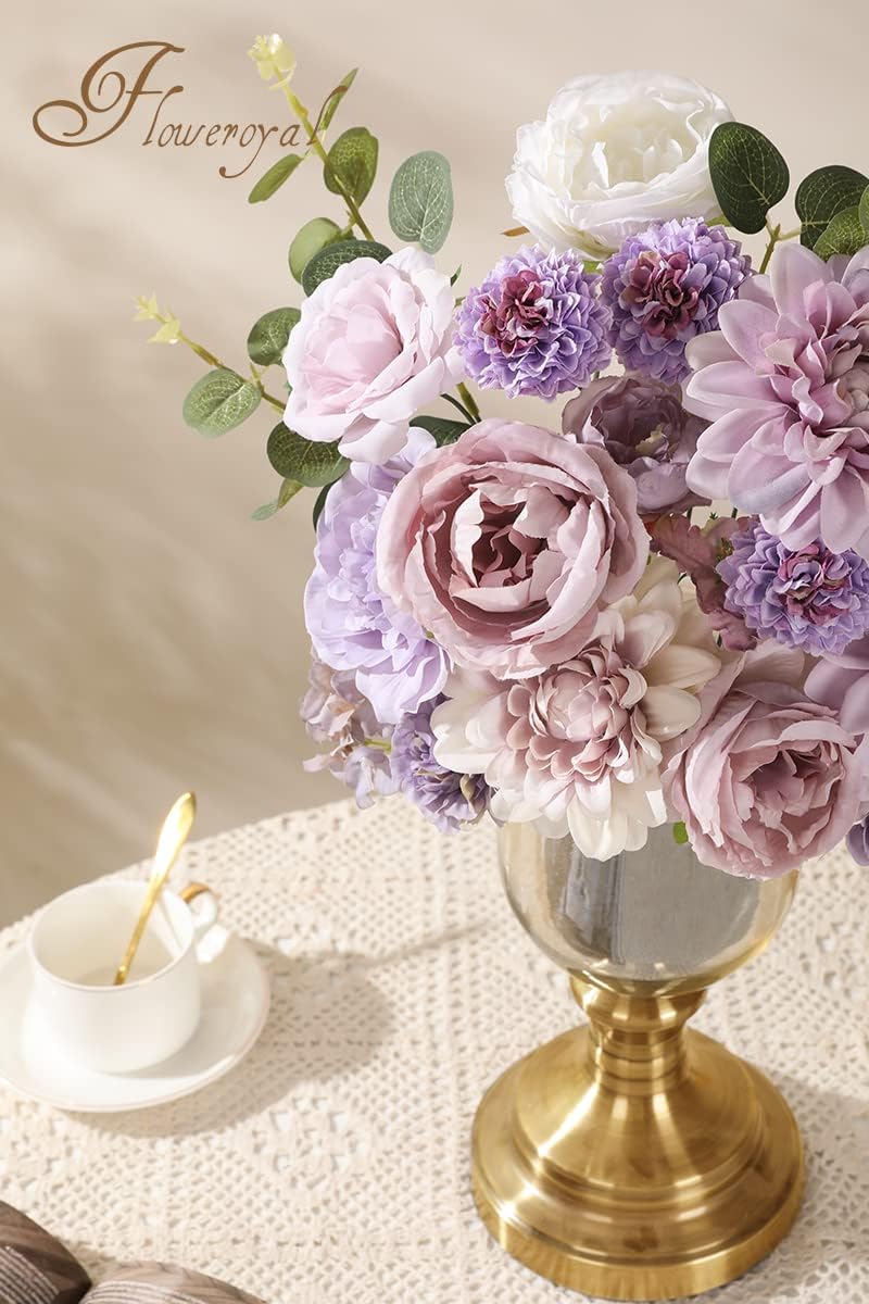 Floweroyal Artificial Flowers Combo Purple Flowers Mix Silk Flowers Dahlia Roses with Stems for DIY Wedding Bridal Bouquets, Baby Shower, Floral Arrangement, Table Centerpieces, Home Decorations.