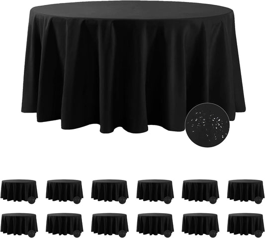Fokitut 12 Pack Waterproof Round Tablecloth, 120 Inch, Stain Resistant and Wrinkle Polyester Table Cloth, Fabric Table Cover for Kitchen Dining, Wedding, Party, Holiday Dinner-Black