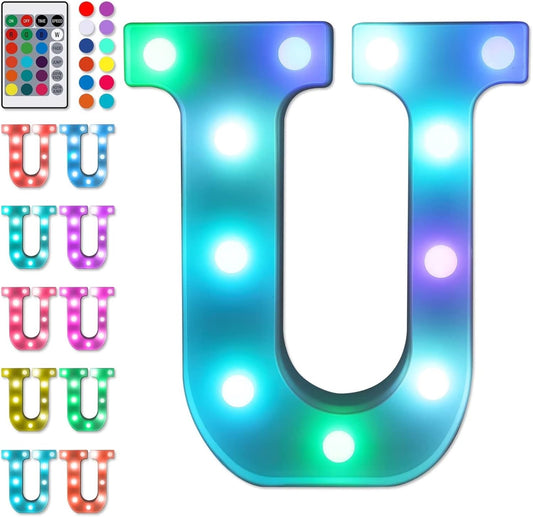 Foaky Colorful LED Letter Lights with Remote,Marquee Light Up Letters Sign for Night Light Wedding/Birthday Party Battery Powered Christmas Lamp Home Bar Decoration(U)