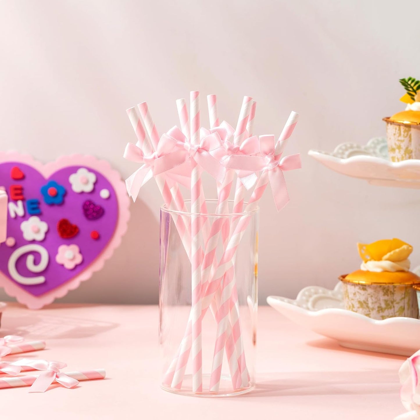 100 Pcs Pink Paper Straws for Drinking, Bow Disposable Striped Paper Straws Bulk Pink Theme Birthday Party Supplies for Wedding Cake Decorations Bachelorette Baby Shower