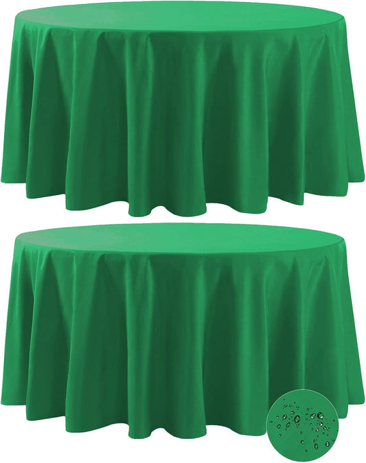 Fokitut 2 Pack Waterproof Round Tablecloth, 132 Inch, Stain Resistant and Wrinkle Polyester Table Cloth, Fabric Table Cover for Kitchen Dining, Wedding, Party, Holiday Dinner-Emerald