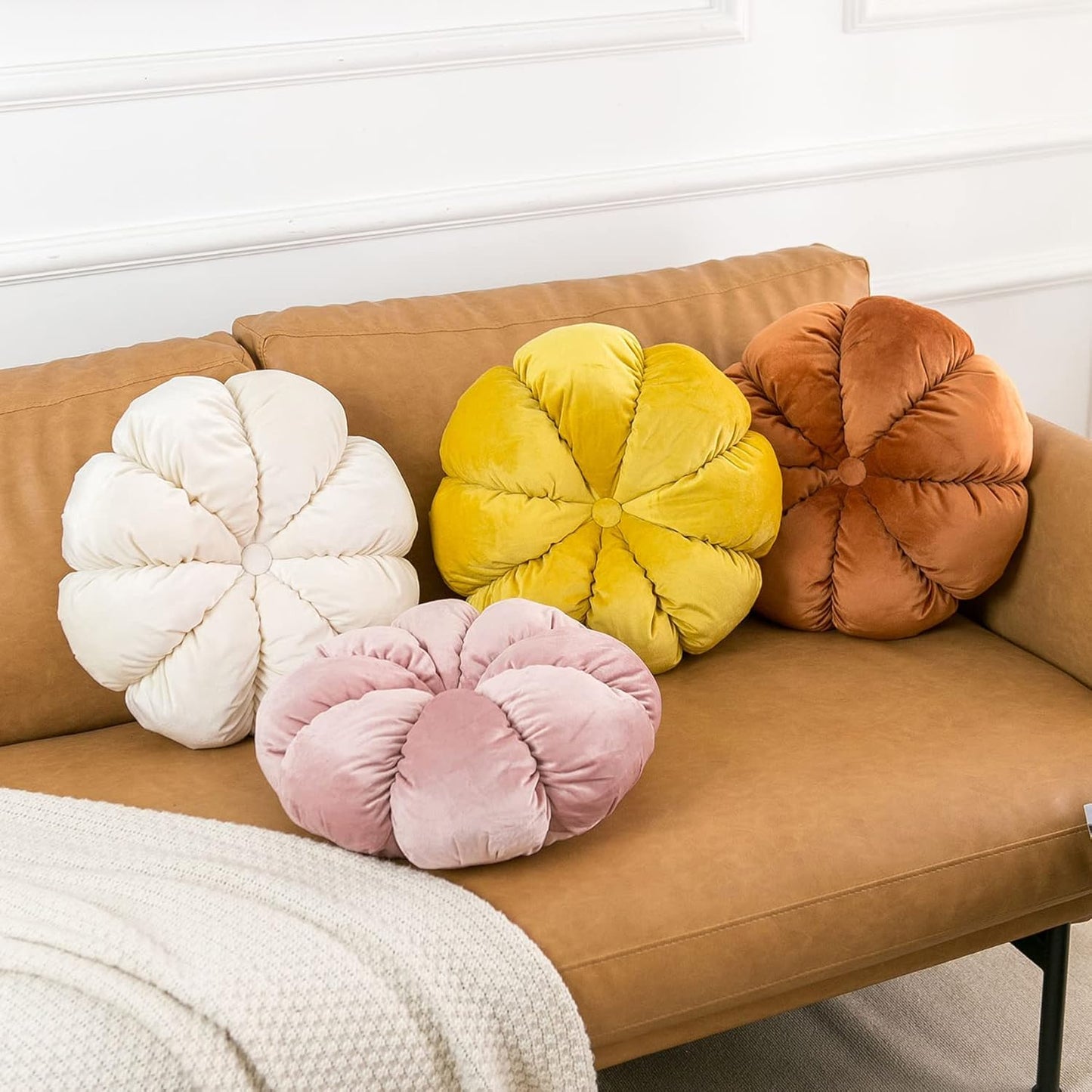 Flower Pillow Cushion Round Decorative Throw Pillow for Couch Bedroom Flower-Shaped Floor Cushion for Girls Kids (Orange, 15.7”)