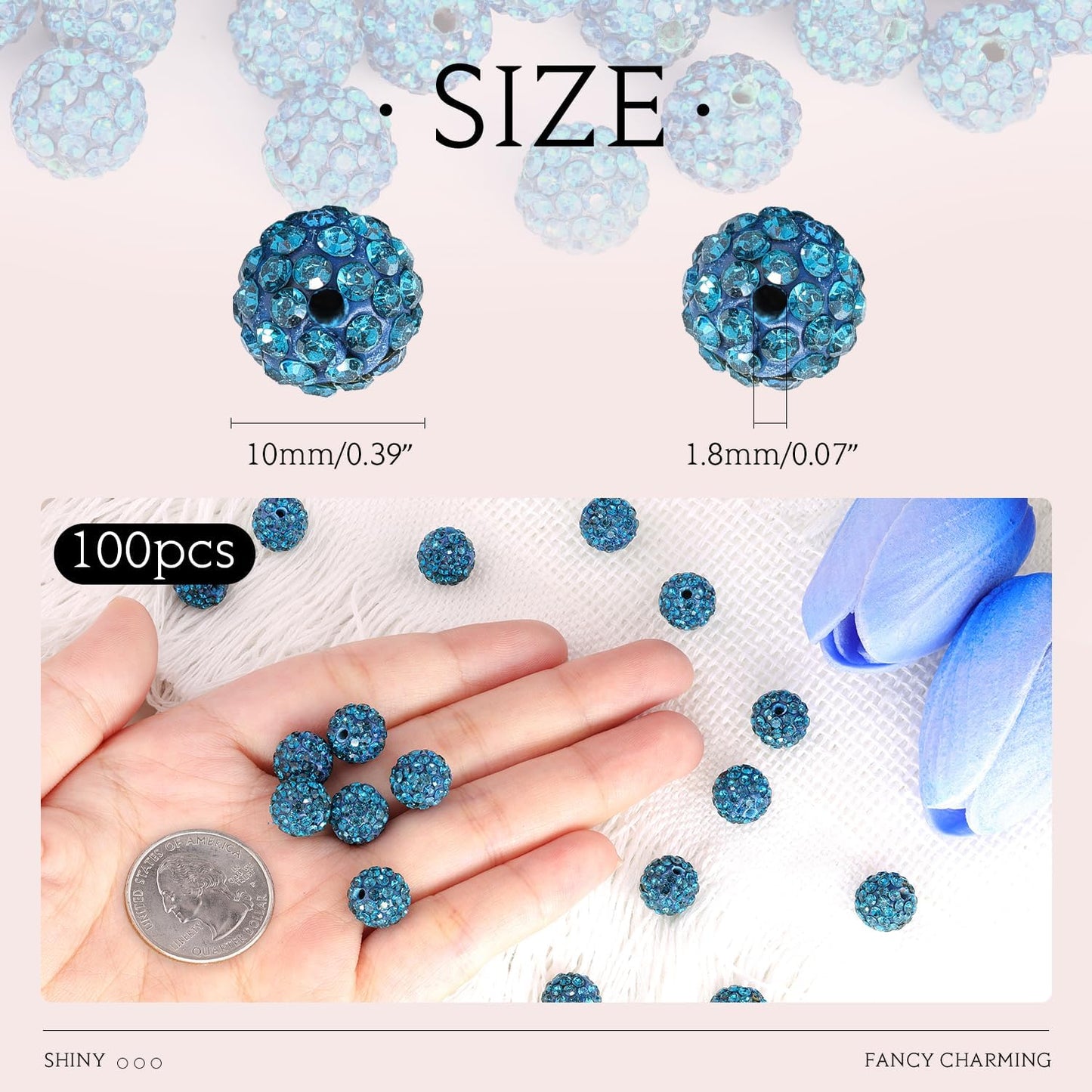 100 pcs 10mm Rhinestone Beads for Jewelry Making, Blue Zircon Shiny Round Shamballa Disco Beads Bulk, Sparkle Crystal Clay Christmas for Bracelet Baseball Necklace Earring Crafting and DIY