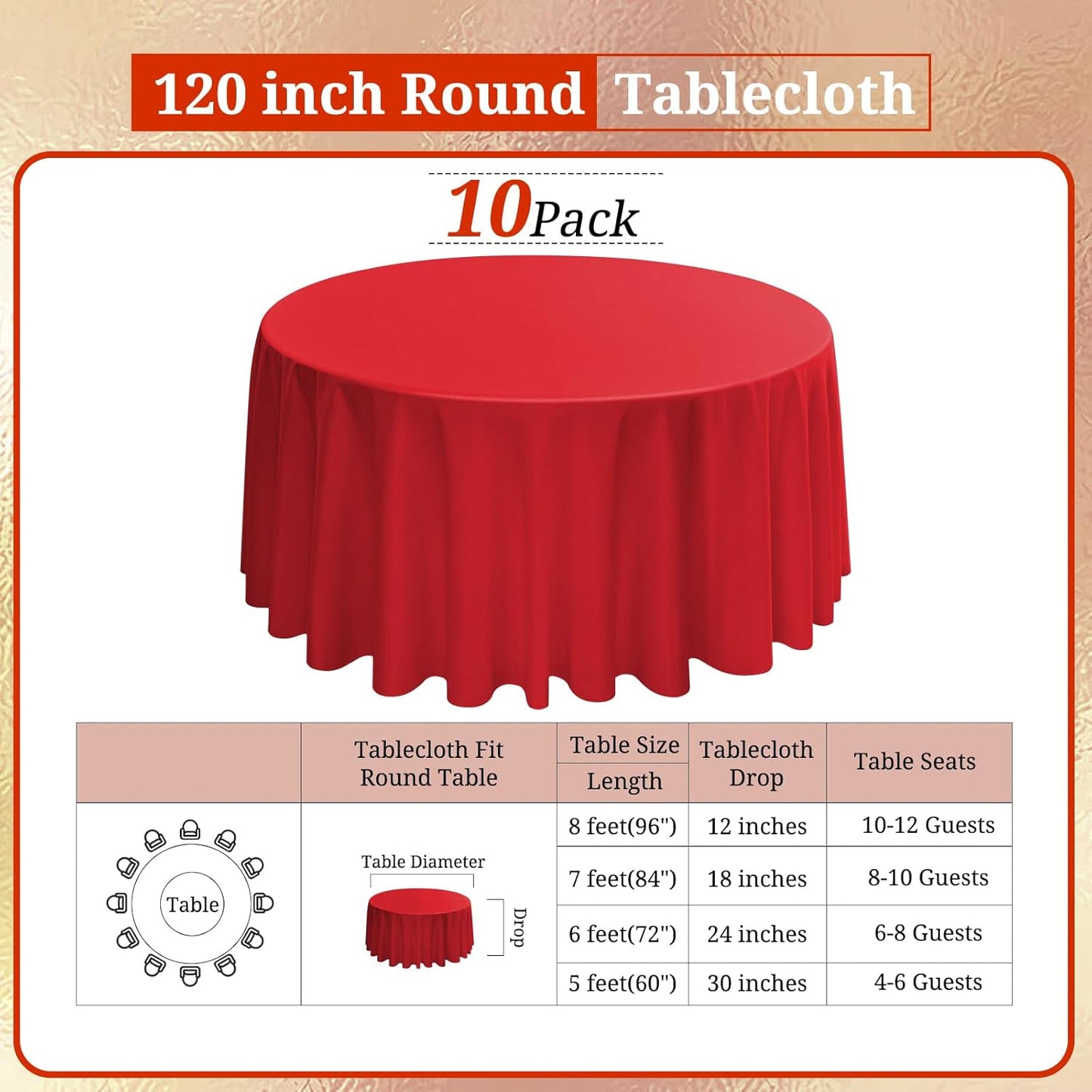 10 Pack Round Tablecloths - 120 Inch Red Polyester Cover for Round Tables, Stain and Wrinkle Resistant Washable Fabric Cloth for Wedding Banquet Parties