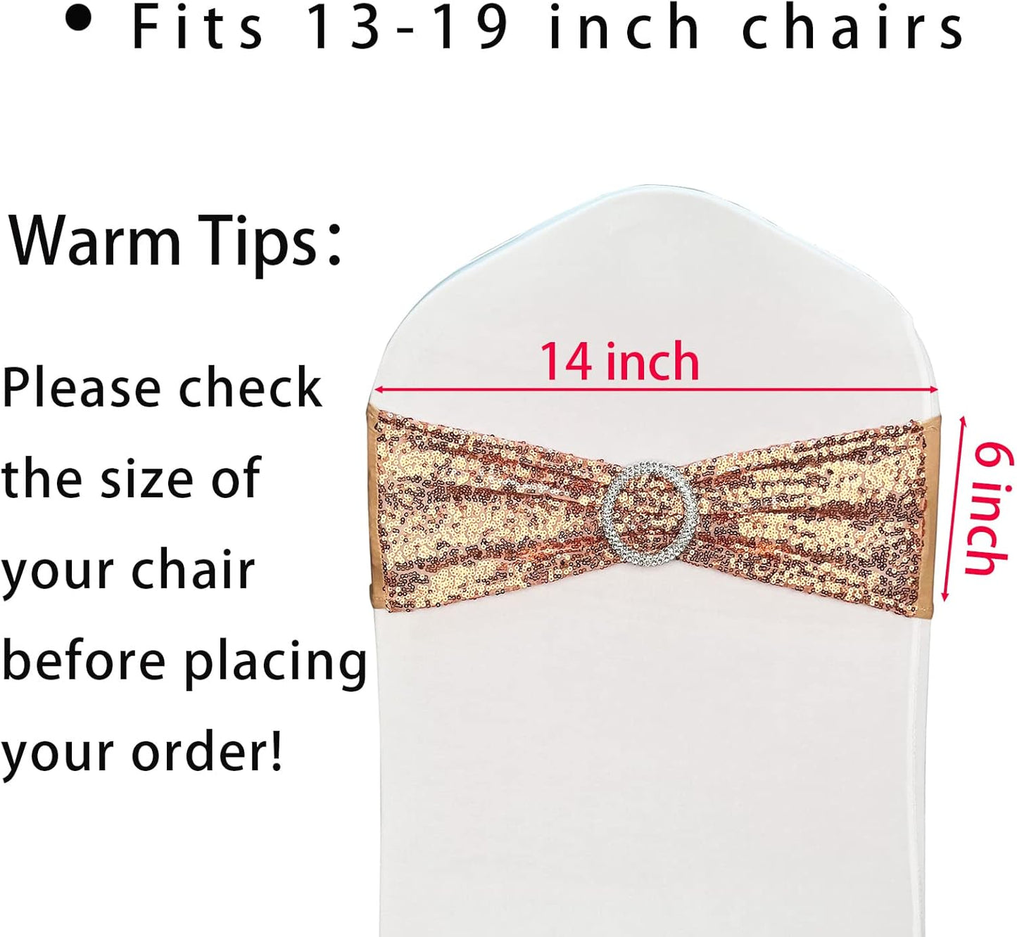 100 Pcs Chair Sashes Sequin Stretch Chair Bands Spandex Polyester Bows for Party Hotel Wedding Banquets Decoration - Rose Gold