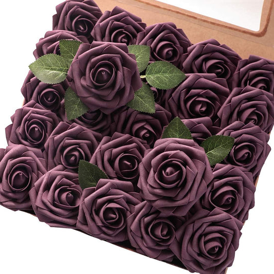 Floroom Artificial Flowers 25pcs Real Looking Plum Foam Fake Roses with Stems for DIY Wedding Bouquets Bridal Shower Centerpieces Floral Arrangements Party Home Decorations