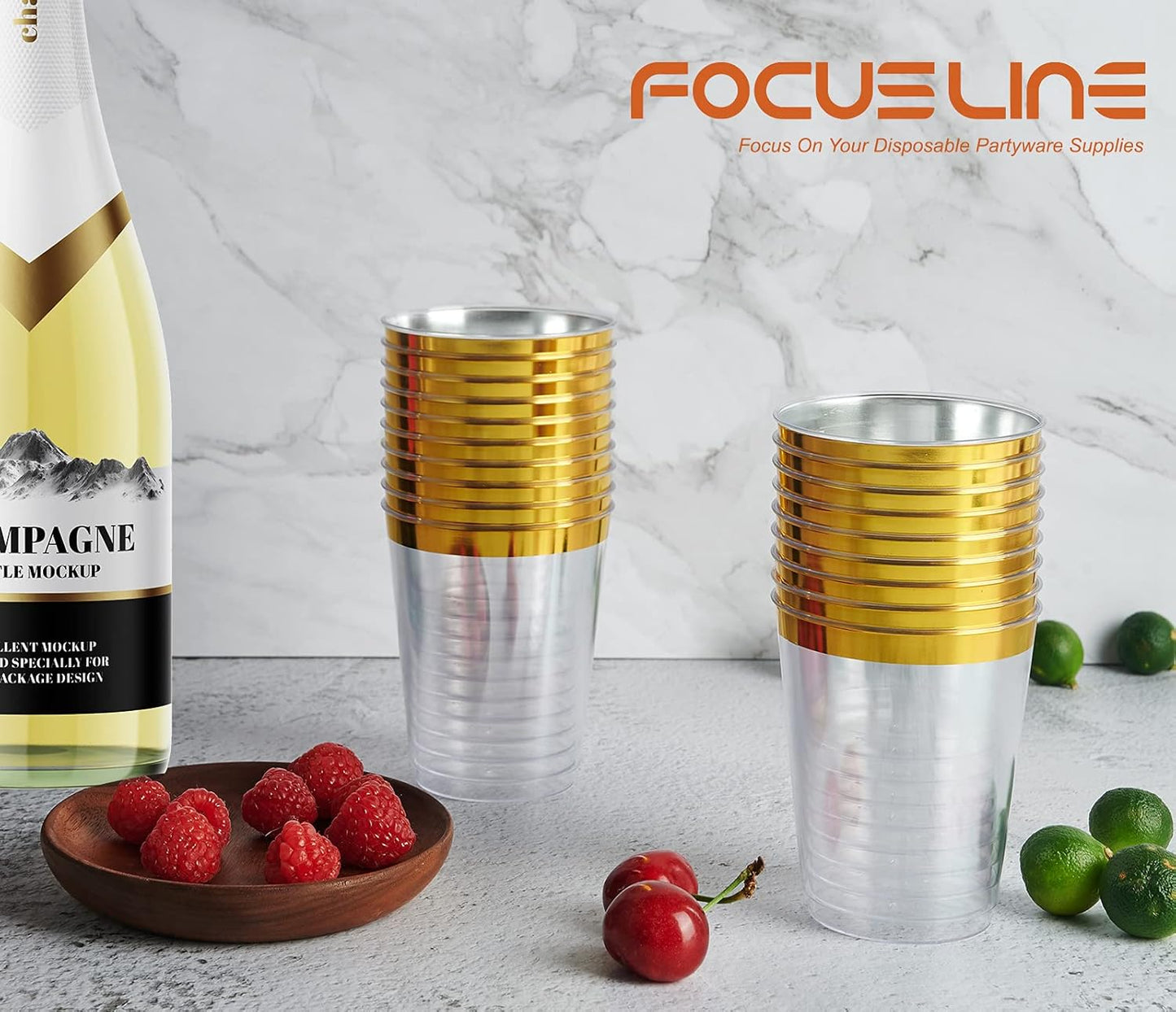 FOCUSLINE 10 oz Gold Plastic Cups, Disposable Clear Fancy Hard Plastic Cups, Gold Rimmed, Heavy Duty, Reusable,100 Count
